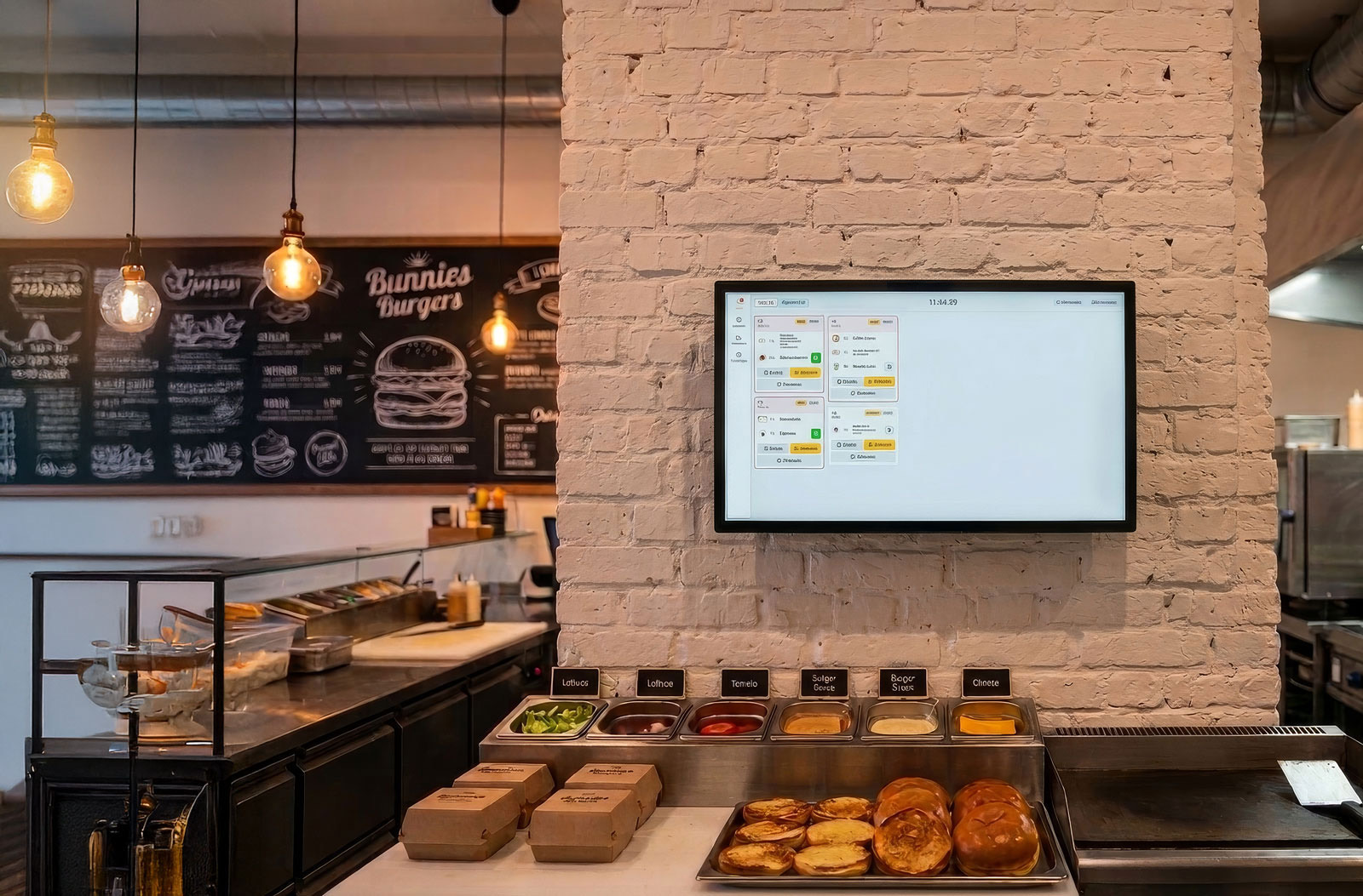 Keuken Scherm met openstaande bestellingen boven de grill